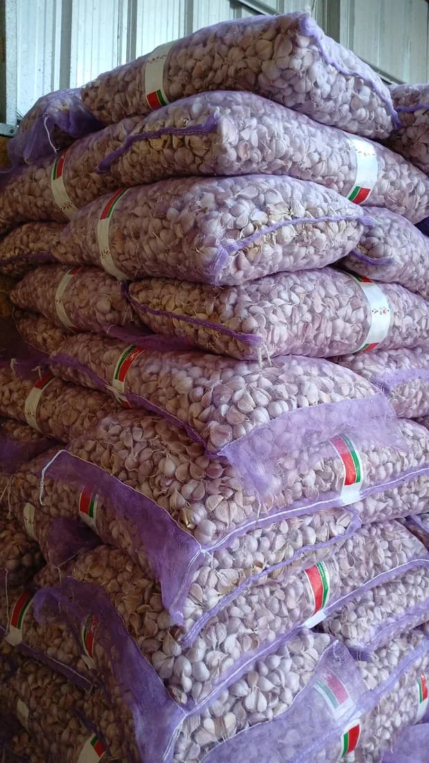 Karung bawang putih tersusun di gudang